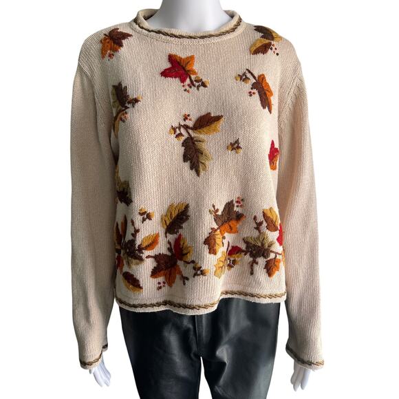 Vintage All Points Sweater Fall Leaves Medium Beige Orange Cotton Knit - Picture 8 of 8